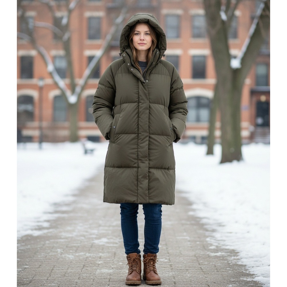 Levis Womens Long Puffer Jacket Olive Green Hooded Quilted Parka Coat Small